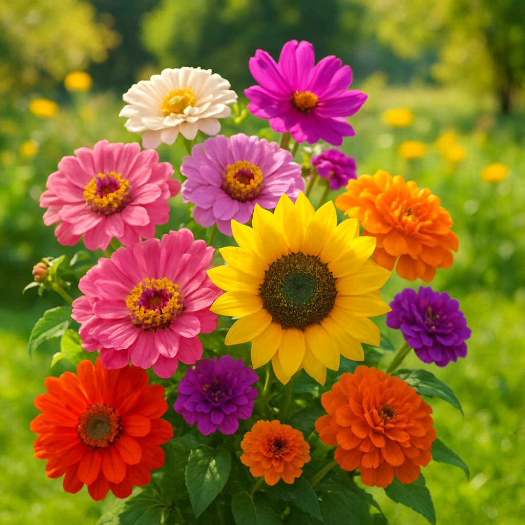 A colorful bouquet of flowers in a sunny garden
