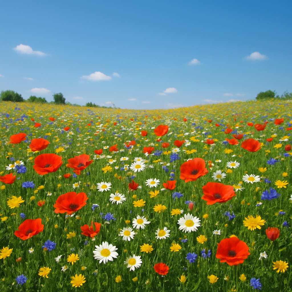 A field of blooming flowers with a clear blue sky