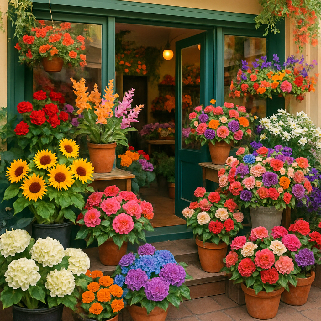 A vibrant flower shop location with colorful flowers